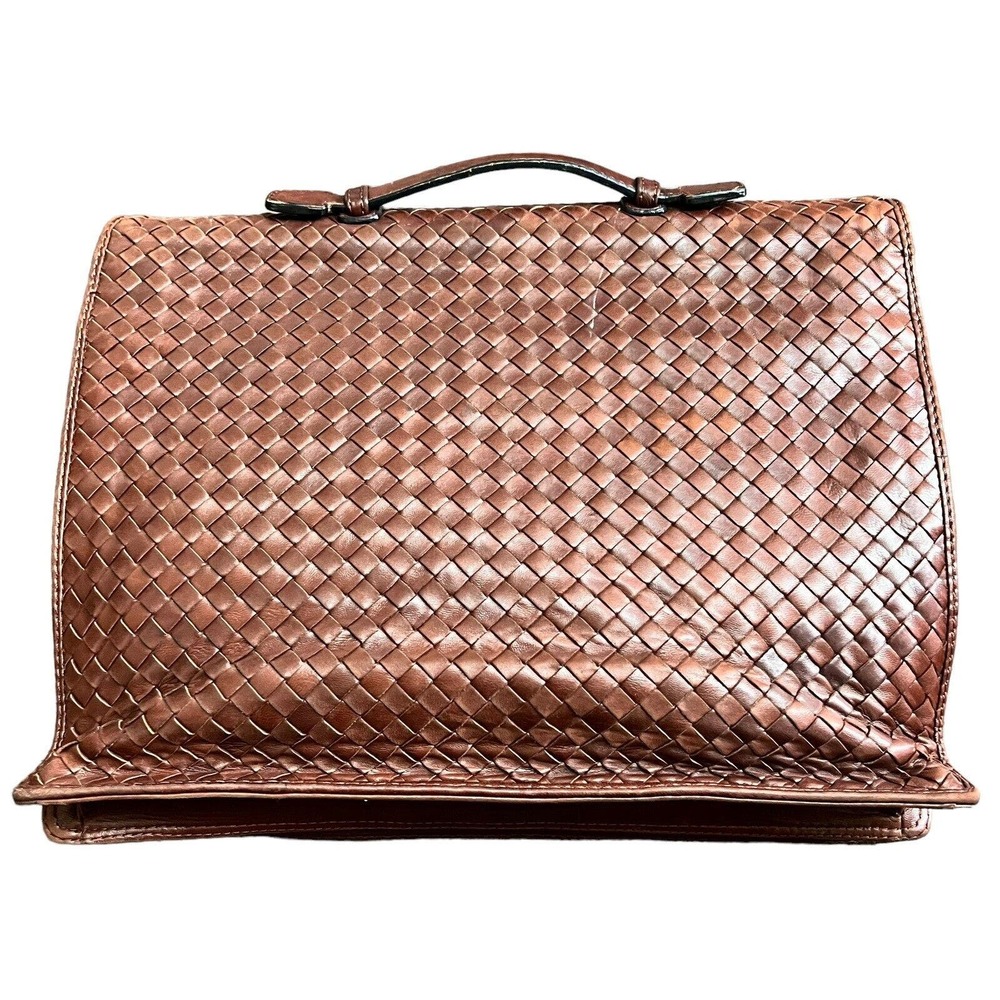 Bottega Veneta Cognac Brown Woven Leather Briefcase Top Handle Gold Buckle - Picture 16 of 16